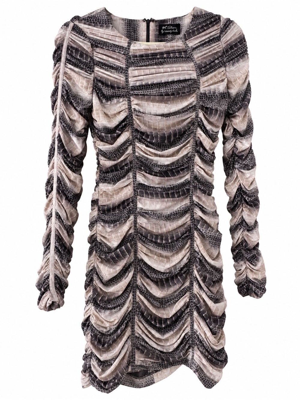 Torn by Ronny Kobo Ruched Snake Long-Sleeve Mini Dress